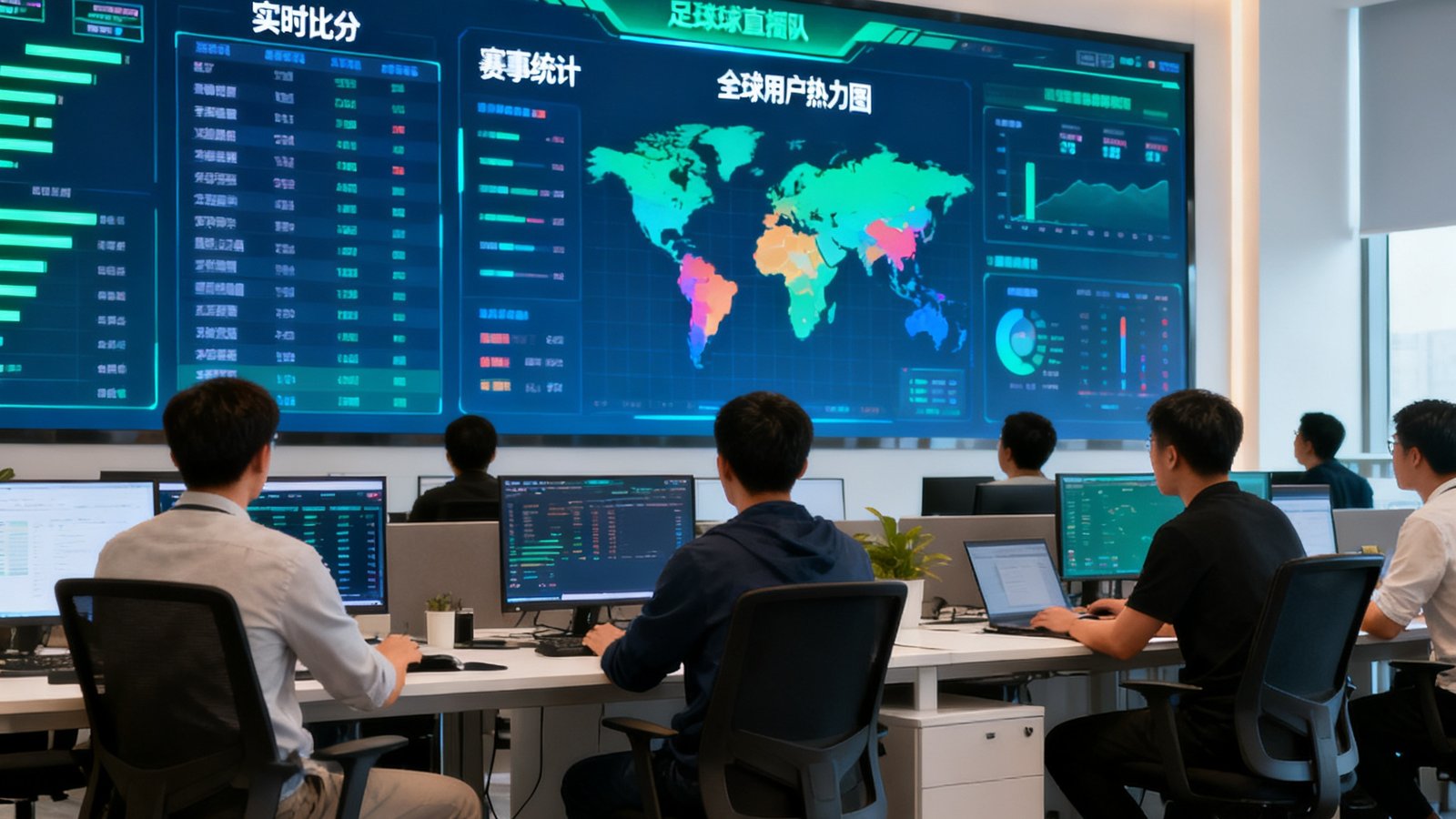 足球直播网技术团队在开放式办公室中工作，背景是巨大的数据大屏，显示实时比分、赛事统计和全球用户热力图